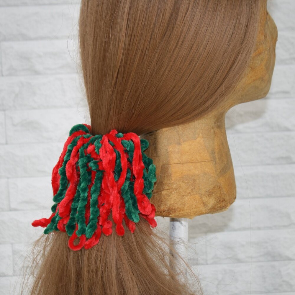 HAND CRAFTED Crochet Christmas Chenille Velvet Hair Scrunchie Green Red